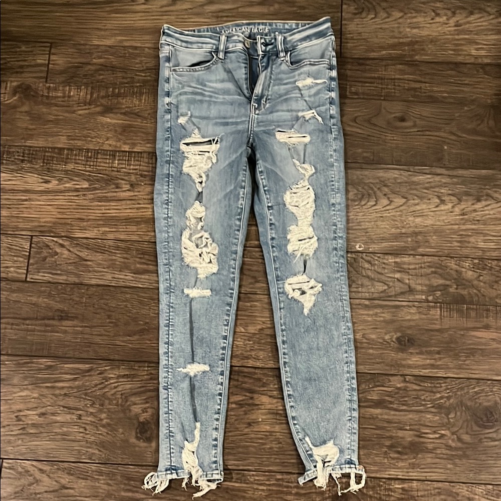 American Eagle Skinny Blue Distressed Jeans with Frayed Hem